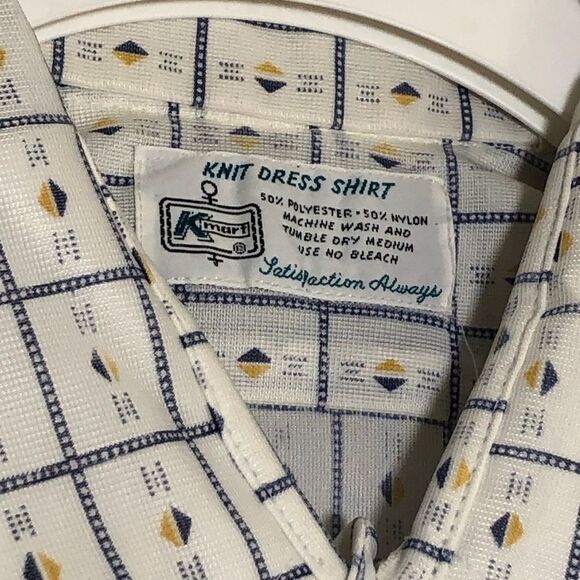 Kmart Shirt Mens XL White Vintage 70s Pointed Collar Button Up Geometric Check - Picture 11 of 12